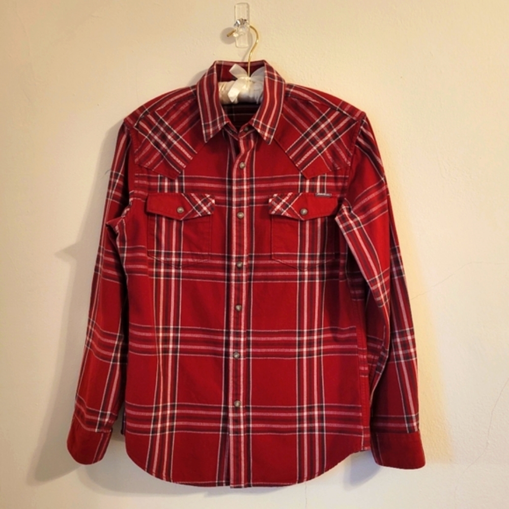 EDDIE BAUER tailored 100% cotton twill plaid fancy snap front shirt size small